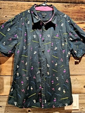 Vintage Maui & Sons Surf Co. Flamingo Black Button Up Surf Shirt XL